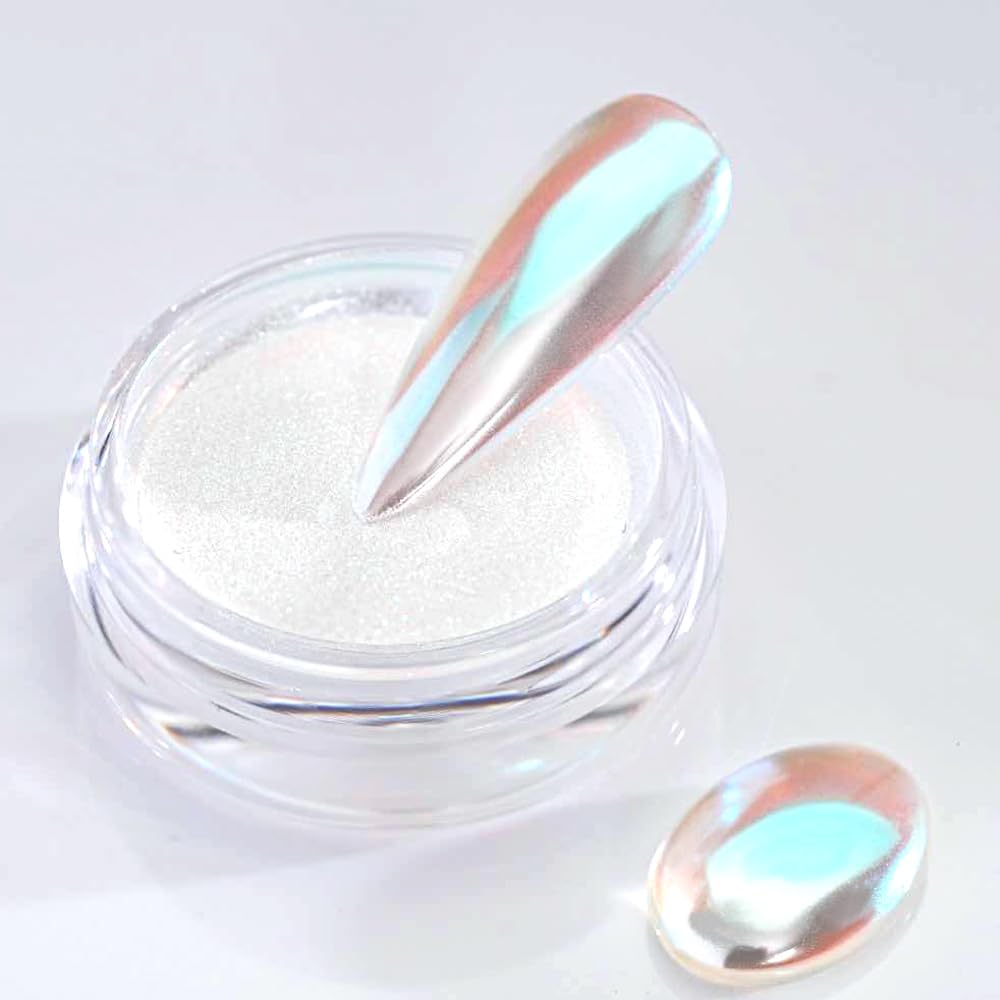 Pretty Diva Aurora Chrome Nail Powder - White Pearl Chrome Nail Powder with Aurora Color Shifting Metallic Powders Mirror Effect, Magic White Moonlight Effect Iridescent Pigment Powder for Nails