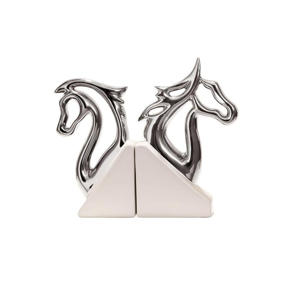 Book Organizer Ceramic Horse Head Bookends, Home Office Decor, for Desktop Bookshelves,Book Ends for Shelves Bookshelf Accessories(Silver)