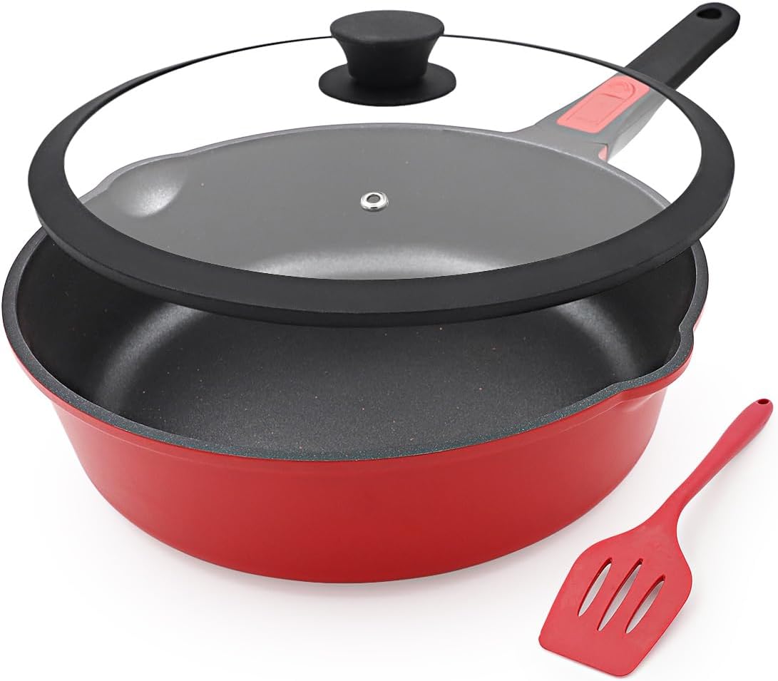 12 Inch Frying Pans Nonstick with Lid, Non Stick Saute Pan Skillet, Large Cooking Pan Kitchen Pans, Compatible with All Stoves, Detachable Handle, Oven Safe, PFOA Free, Red (5 Qt)