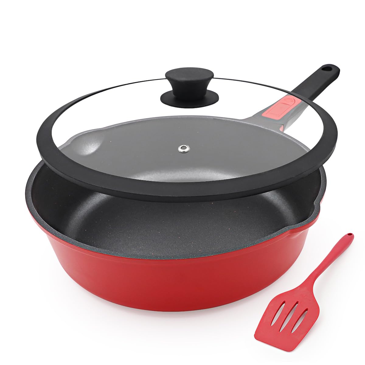 Bobikuke Pfanne 28cm mit Deckel, Aluminium Bratpfanne Hoher Rand mit Abnehmbarer Griff, für alle Herde|Anti-Kratzer|Antihaft