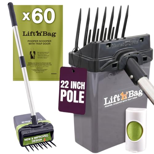 Neater Pet Brands Lift N’ Bag 2.0 Dog Pooper Scooper with Bag Attachment & 22" Pole for Small to Large Dogs, New & Improved Design, 60 Refill Bags, Heavy Duty Dog Poop Scooper for Yard, One-Hand Use
