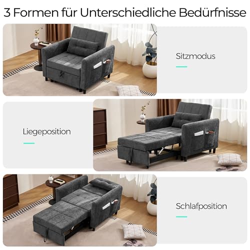 LINSY HOME 3-in-1 Schlaferstuhl, 1-Sitzer Sofa mit Schlaffunktion, Chenille Sessel Kleine mit Kissen und Seitentasche für Kleine Wohnung - Schlafbereich 74 x 190cm (Grau) – Bild 5