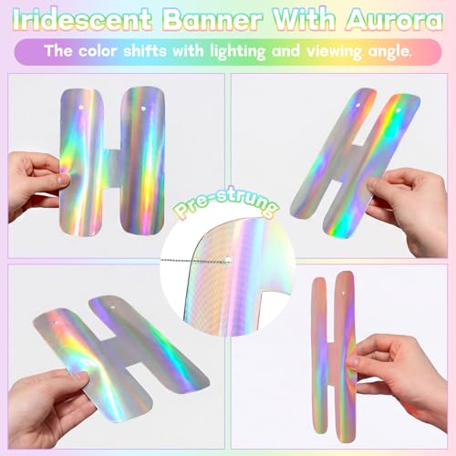 Image of Knitgrip 23 Pcs Pre-strung Iridescent Birthday Decorations Aurora Holographic Party Decor with Hanging Honeycomb Ball Paper Fan Star Garlands Swirl Decorations for Wedding Party Home