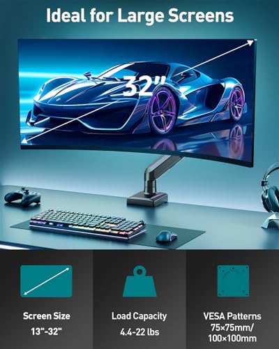 Single Monitor Desk Mount, 13-32 inch Adjustable Gas Spring Monitor Arm, Computer Display Stand Holder with Clamp and Grommet Base, Fits 4.4 to 22lbs Screens, VESA Mount Bracket, Black, Freelift Pro - Image 3