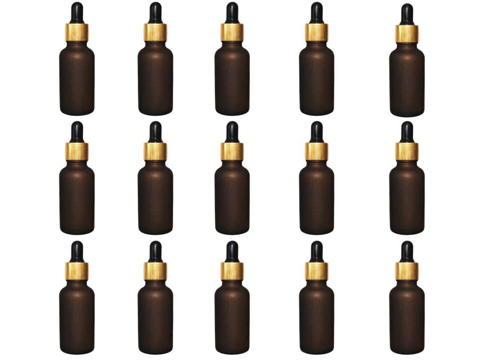 PHARCOSMatt Finished Glass Dropper Bottle Compactible With Golden Dropper Lid and Black Teat Set for Essential Oil, Perfumes & Cosmetics - 30 Ml (Pack of 15, Amber)