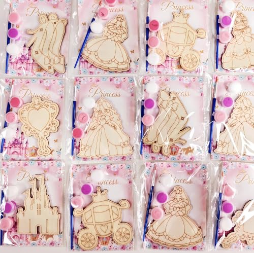 Xvvti 16PCS Princess Party Favors- DIY Princess Wood Painting Kits with Art Supplies Fun Thank You Gifts Birthday Party& Goodie Bag Stuffers