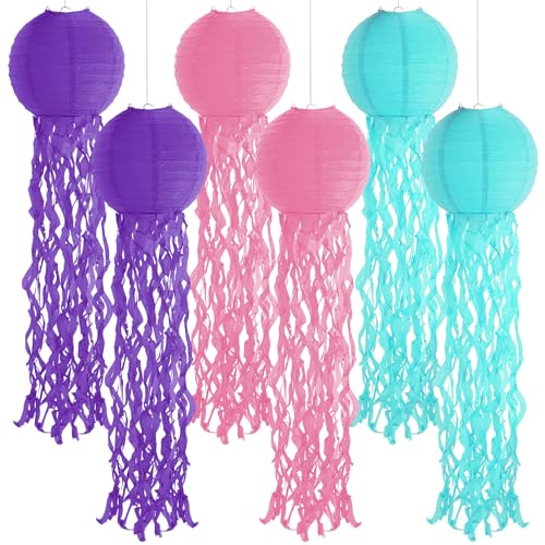 Image of Set of 6 Hanging Jellyfish Paper Lanterns Blue Jellyfish Decor for The Sea Ocean Party, Mermaid Birthday Decoration, Baby Shower, Nautical Events(Multi-Color)