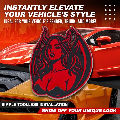 Image of Succubus Emblem, Devil Girl Demon Goddess 3D Badge, Dark Gothic Lilith Style Auto, Custom 3D Exterior Automotive Accessories, Universal Fit for Car, Truck, SUV (Set of 2) (Red)