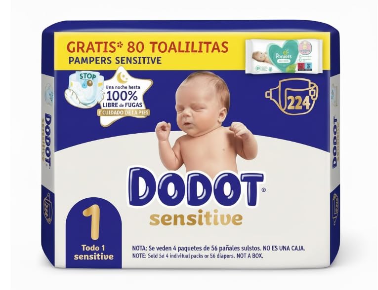 Dodot Sensitive T1 (224 pañales) - Formato de 4 paquetes de 56 uds - Incluye Regalo Toallitas Pampers 80 unidades