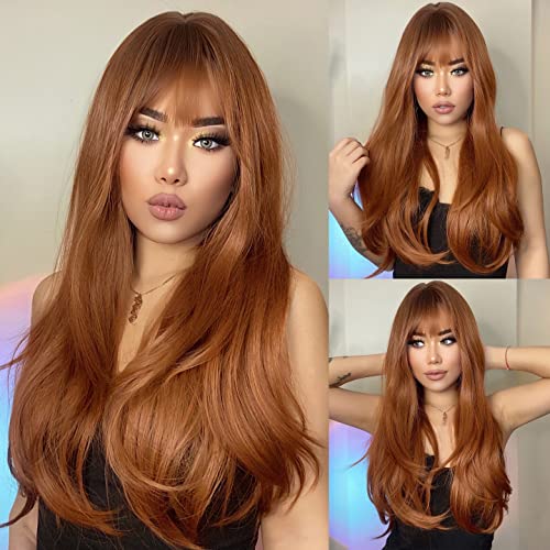HAIRCUBE Auburn Wigs with Bangs Synthetic Women's Wig Long Wavy Layered Heat-Resistant Wig for Daily Use Natural and soft