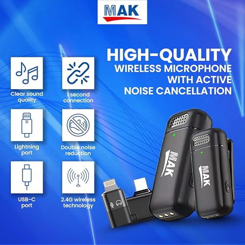 Image of MAK Dual Wireless Lavalier Microphone System with Charging Case, ANC Noise Reduction, Type-C Receiver, Long Battery Life for Vlogging, YouTube, Interviews & Content Creation