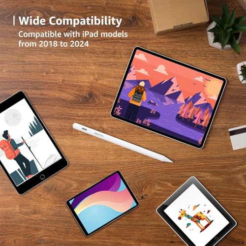 Image of Amazon Basics Stylus Pencil Only for iPad Models (2018-2024) with Angle Tilt Sensitivity, Palm Rejection, Up to 9 Hrs Playtime, Magnetic Attachment, Battery LED Indicator, 4 Lights (White)