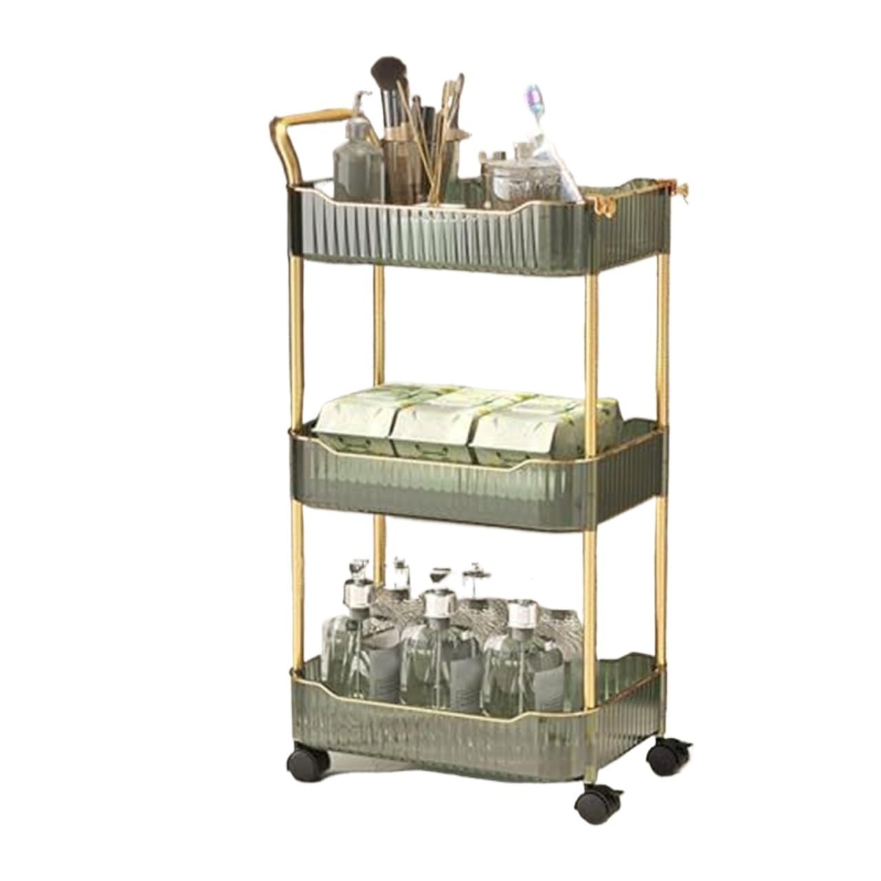 Chariot de cuisine roulant vert pour optimiser le rangement des petits espaces avec 3 niveaux