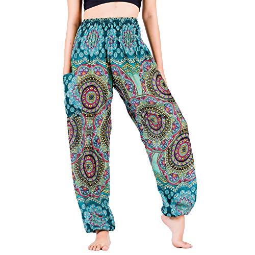 LOFBAZ Yoga Boho Pants for Women Harem Hippie Clothing Pajamas Lounge Joggers Clothes Indian Bohemian Dance Summer Beach Blooming Flower Teal S