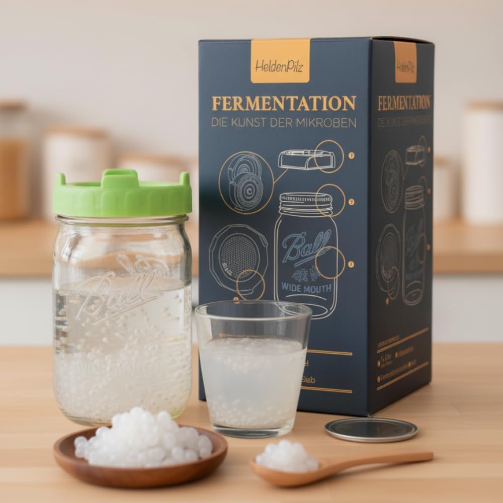 HeldenPilz® BIO Wasserkefir Starter Set mit Mason Ball Glas (600ml) – Wasserkefir selber machen | Japankristalle, Aufschraubsieb & Edelstahldeckel | Fermentations-Set mit Anleitung
