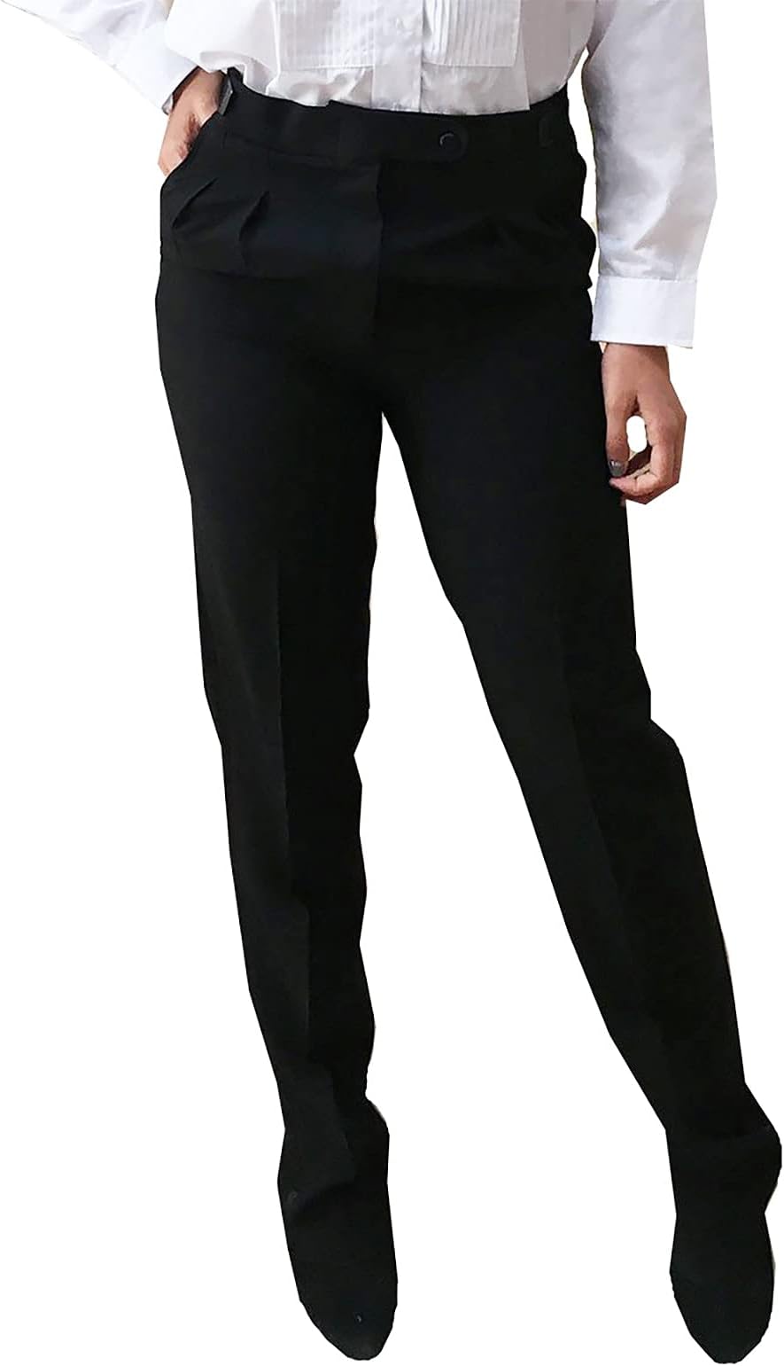 Broadway Tuxmakers Women's Black Tuxedo Pants with Satin Stripe, Polyester, Double Pleated