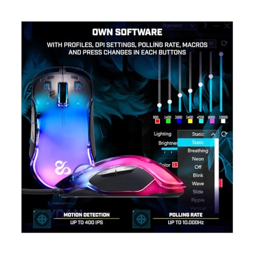 Mouse da gioco professionale  Lycan, cablato, illuminazione RGB personalizzabile, sensore ottico, 16000 DPI regolabili, 5 pulsanti programmabili, 50G, PC/Mac, plastica traslucida, trasparente - Mouse gaming - Immagine 3