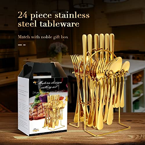 Juego de Cubiertos de Acero Inoxidable, 24 Piezas, Caja de Regalo, Mango de Color de Lujo, Tenedor, Cuchara y Cuchillo. Apto para lavavajillas (Rojo Dorado).