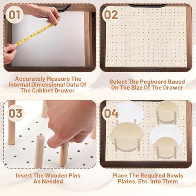 3 Pcs Wood Pegboard Drawer Organizer with 24 Pegs Wooden Peg Board Drawer Shelf Organizer Adjustable Peg System for Dishes Plate Pot Container Cookware Utensil Kitchen(17.72 x 5.91 in)