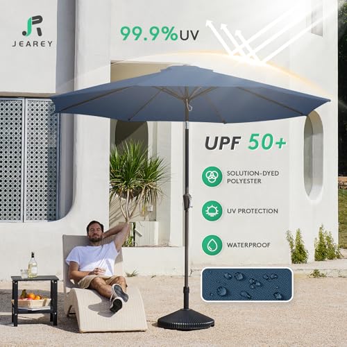 Image of JEAREY 9FT Outdoor Patio Umbrella Outdoor Table Umbrella with Push Button Tilt and Crank, Market Umbrella 8 Sturdy Ribs UV Protection Waterproof for Pool, Deck, Backyard, Garden (Blue)