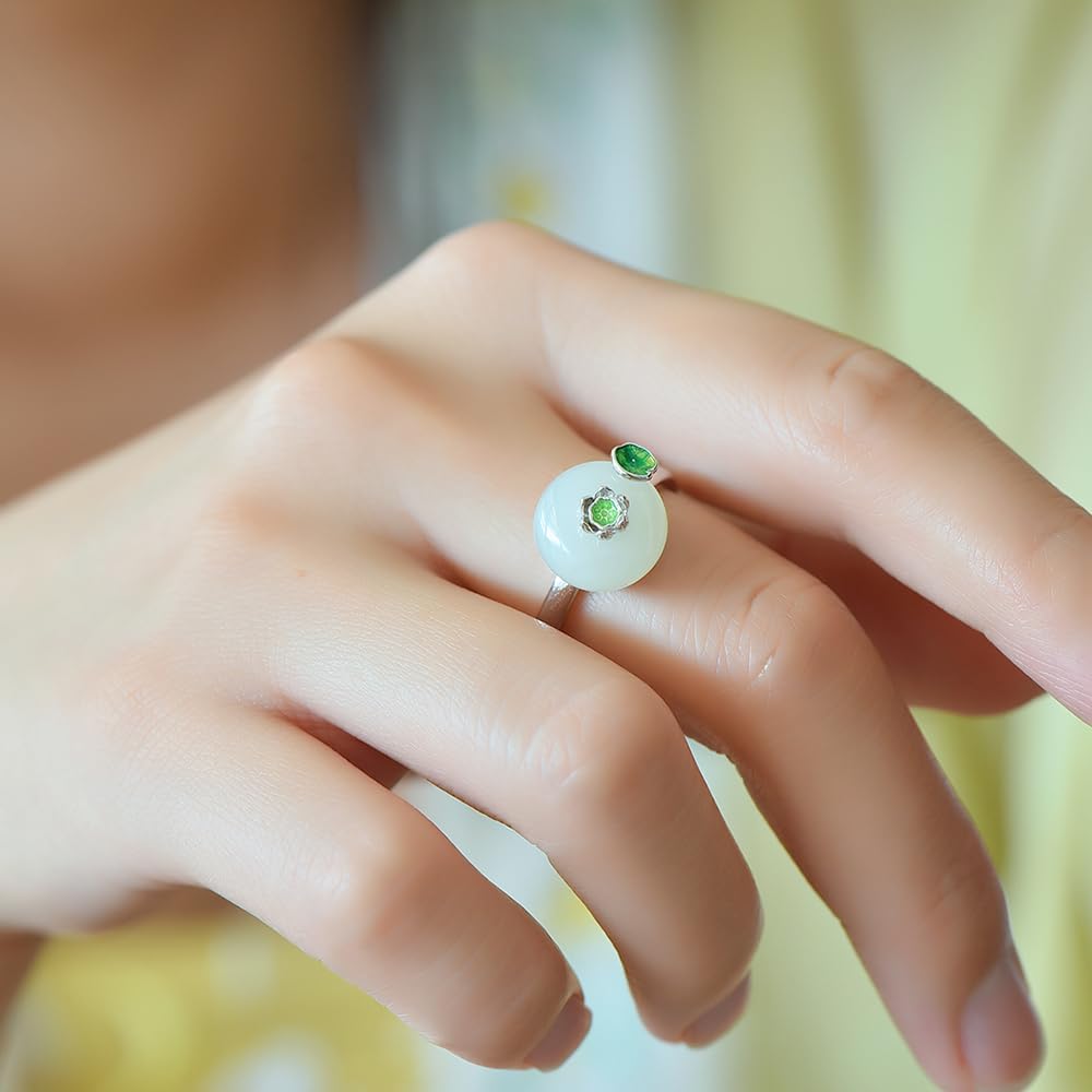 S925 Silver-Inlaid Natural White Jade Ping An Buckle Enamel Ring with Adjustable Opening and Including Certificate