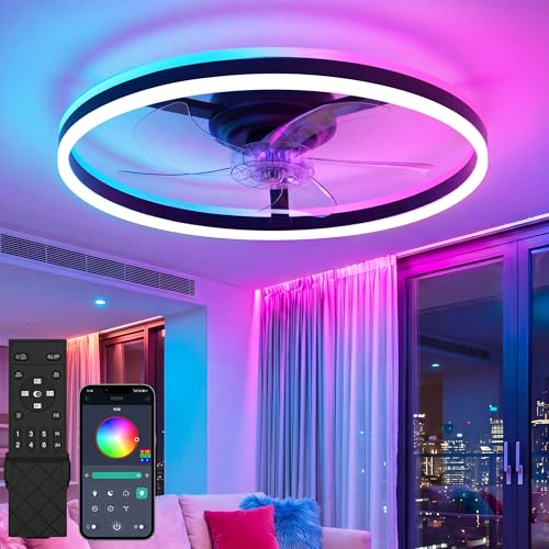 NIORSUN RGB Ceiling Fans with Lights and Remote Modern Smart LED Ceiling Fans Light 6 Speeds & 3000K-6500K Dimmable Quiet Bladeless Fandelier Ceiling Fan with Light for Bedroom (20Inch Black)