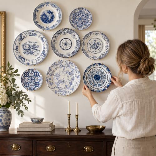 8 Pcs Blue and White Ceramic Wall Plates with Hangers, Classic - Image 2