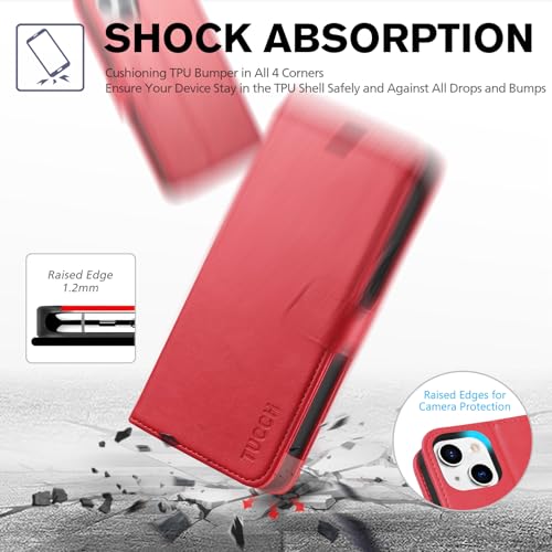Image of TUCCH Wallet Case for iPhone 13 (6.1 inch) 2021, 3 Card Slots, Red | RFID Blocking, Viewing Stand, Shockproof TPU Shell, PU Leather, Magnetic Closure, Protective Folio Flip Cover