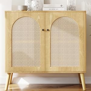 Rattan Storage Cabinet with 2 Door Buffets Sideboards Accent Cabinet Buffet Cabinet with Storage for Living Room Hallway Entryway Kitchen Modern Home Decor Oak