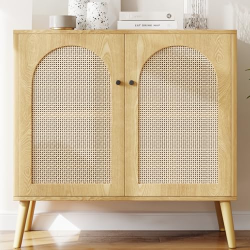 Rattan-Storage-Cabinet-with-2-Door-Buffets-Sideboards-Accent-Cabinet-Buffet-Cabinet-with-Storage-for-Living-Room-Hallway-Entryway-Kitchen-Modern-Home-Decor-Oak Rattan Storage Cabinet with 2 Door Buffets Sideboards Accent Cabinet Buffet Cabinet with Storage for Living Room Hallway Entryway Kitchen Modern Home Decor Oak