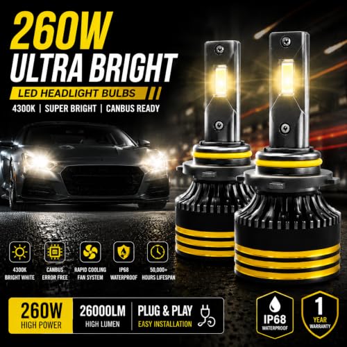 Image of VECTRON H27 LED Headlight Bulbs for Car, 260W Super Bright 4300K Warm Golden White, Cooling Fan, IP68 Waterproof, 2 Year Warranty, Set of 2