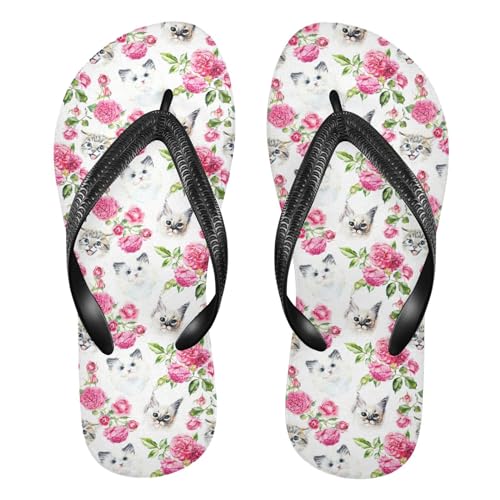 ALAZA Cats Roses Flowers Kitty Flip Flops for Women Fashion Beach Slippers Comfort Mens Flip Flops Non-Slip Rubber Shower Slippers Sandal for Hotel Travel Sport,XS