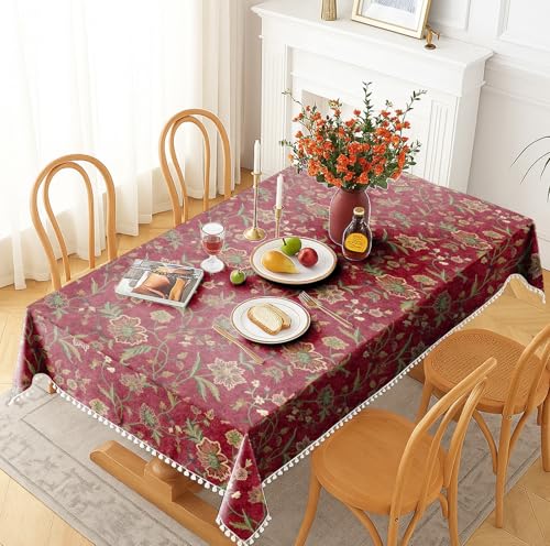 Image of Casableu Kashmiri Floral Printed Table Cloth for 6 Seater Dining Table, Maroon Color, Dust-Proof & Durable Fabric Table Cover for Home & Dining Decor, Size 52 x 72 Inches