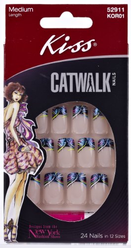 KISS Catwalk Collection Fake Nails Manicure Kit inspired by Designs from the New York Fashion Shows, Style 'Lights', 24 Glue On Nails in 12 Sizes