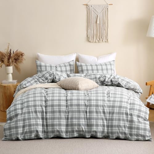 Image of TOCOMOA Plaid Duvet Cover Set 100% Washed Cotton Like Linen Feel Super Soft Comfy 3 Piece Grey and Green Gingham Checkered Bedding Comforter Cover Set (King 104 inchx90 inch, Comforter Not Included)
