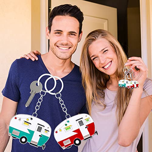 Image of Thinp 2 Pieces Camper Keychain, RV Camper Keyring Accessories for Travel Trailers Enameled Metal Retro Camping Car Keychain