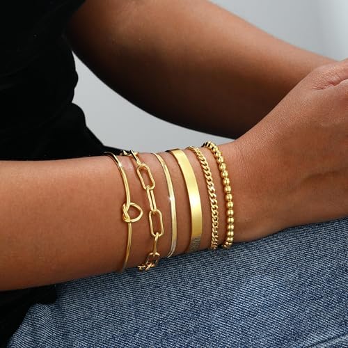 Gold Bracelets for women 14K Gold Bangle Bracelet Stack - Adjustable Waterproof Trendy Bracelets Gold Filled Stacks Bangles Link Chain Gold Bracelet Non Tarnish for Women Jewelry Gifts3