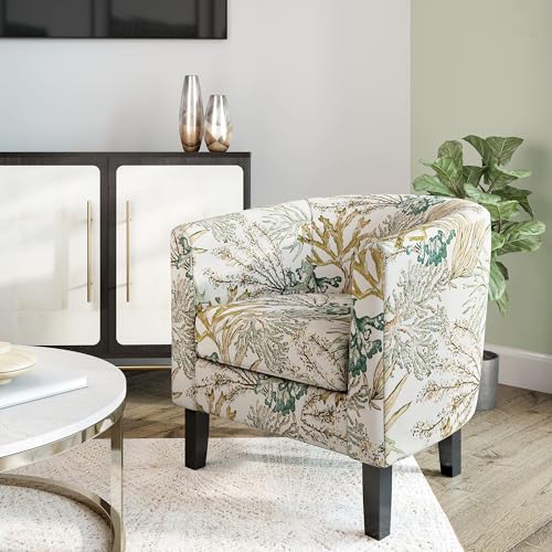 Image of BELLEZE Living Room Chairs Set of 2, Linen Round Accent Barrel Chairs, Club Tub Sofa Chairs for Bedroom, Corner Chairs with Flared Legs and Cozy Soft Padding - Highland (Green Coral)