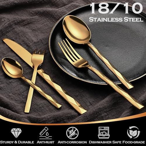 Gold-Silverware-Set-Luxury-30-Piece-Flatware-Set-for-6-Cutlery-Set-Stainless-Steel-Diamond-Cut-Pattern-Home-Wedding-Party-1810-Stainless-Steel-Tablewaret-Dishwasher-Safe-Utensils Gold Silverware Set Luxury 30 Piece Flatware Set for 6 Cutlery Set Stainless Steel Diamond Cut Pattern Home Wedding Party 1810 Stainless Steel Tablewaret Dishwasher Safe Utensils
