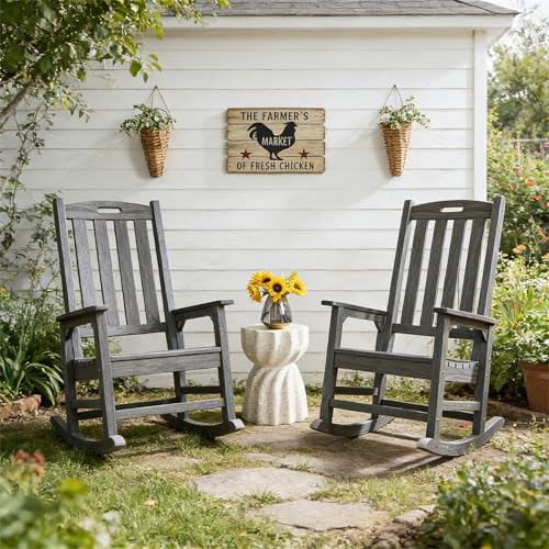 Image of Psilvam Outdoor Rocking Chairs Set of 2, Oversized Porch Rocker (Dark Grey)