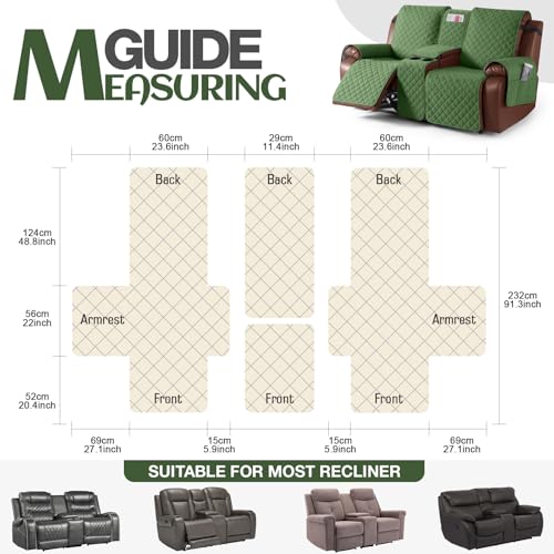 Image of KinCam 100% Waterproof Recliner Loveseat Cover with Console, Non-Slip Reclining Couch Covers for 2 Seat, Recliner Sofa Cover Furniture Protector with Elastic Straps for Kids, Pets, Vine Green