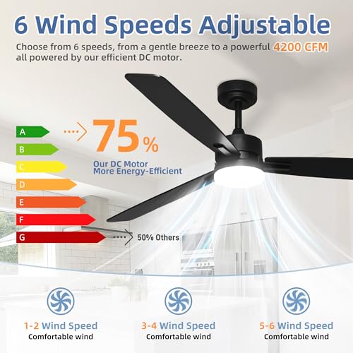 Image of hykolity 52 Inch Modern Black LED Ceiling Fan with Light and Remote Control