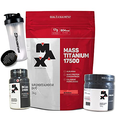 Kit Mass 3kg + Creatina 150g + BCAA 2400mg 100 caps + Coqueteleira (Morango)