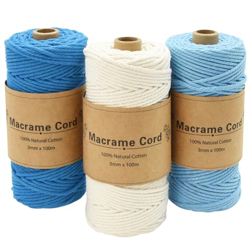 Coriver Hilo Macrame 3 mm, 3x100M Hilo de Macrame, Cuerda Macrame, Cordón de Algodón de Macramé, Hilos Macrame para Tapices Manualidades Cortinas Bricolaje Hogar Decoracion (3. Azul)