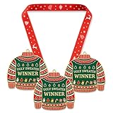 HBWHBW Ugly Christmas Sweater Medals, 3 Pack – Winner Awards with Red Neck Ribbons, 2.3" Metal Ornaments for Ugly Sweater Contest, Party Prizes & Tree Decorations