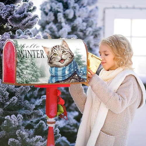 Image of Hello Winter Cat Mailbox Cover Magnetic Large Size 25.5 inchx21 inch Winter Snow Pine Tree Mail Box Covers Winter Christmas Kitten Mailbox Wrap Magnetic Snowy Post Letter Box for Outside