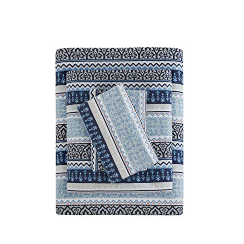 Image of Sleep Philosophy True North Cozy Flannel Warm 100% Cotton Sheet - Novelty Print Animals Stars Cute Ultra Soft Cold Weather Bedding Set, King, Blue Fair Isle 4 Piece