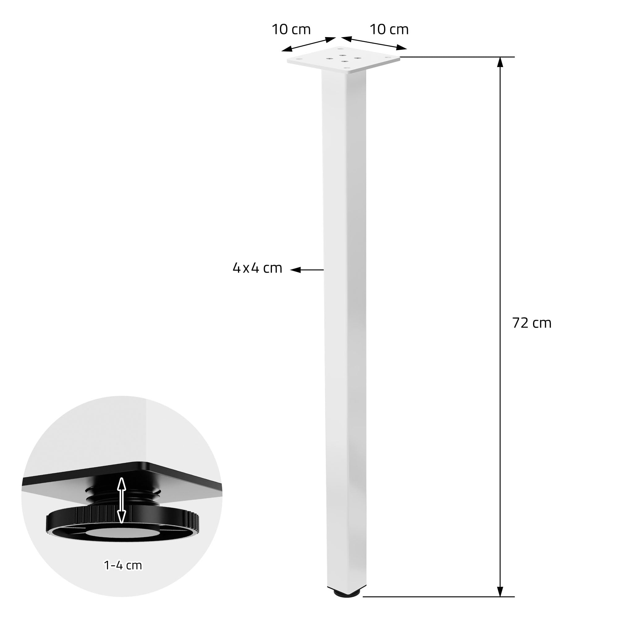 ML-Design Juego de 4 Patas de Mesa 72cm Blanco Brillante de Acero con Recubrimiento en Polvo, Perfil 4x4cm, Pies Regulables en Altura 1-4 cm para Muebles, Mesitas de Centro, Bancos o Aparadores