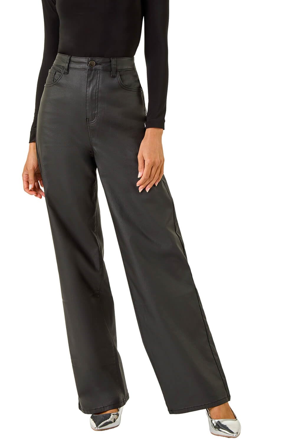 Roman Women's Black Coated Stretch Waist Wide Leg Jeans In | Size: 20
