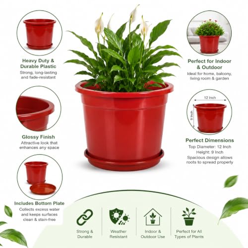 Image of 12 Inch Glossy Red Plastic Planter with Bottom Plate | Heavy Duty Flower Pot with Tray for Indoor Home Decor, Balcony, Living Room & Outdoor Garden (12 Pot, Red)